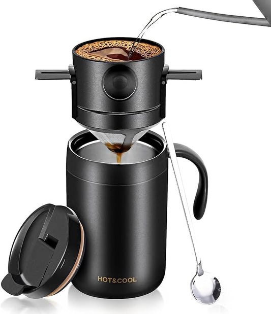 Pour Over Coffee Maker Camping Set, Stainless Steel Quality Design, Includes Filter and Spoon, Ideal for Travel Office and Home Use