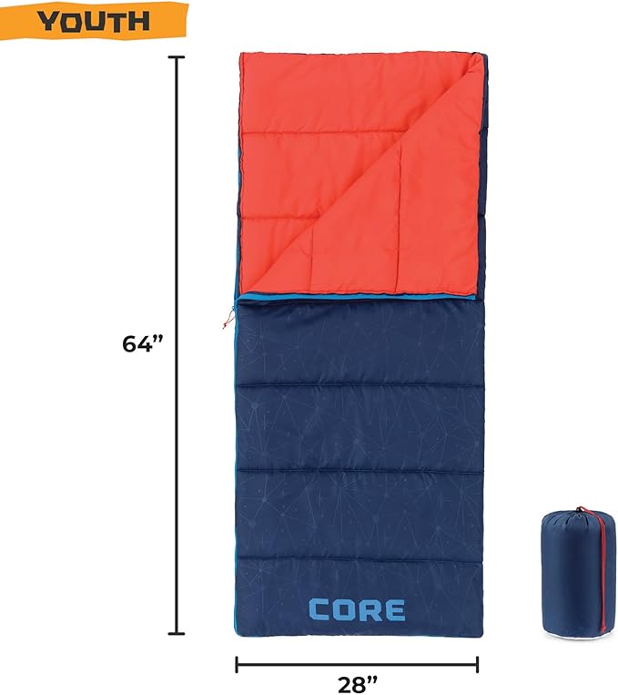 CORE 50 Degree Youth Sleeping Bag | Lightweight & Compact for Boys & Girls | Perfect for Indoor or Outdoor Use, Camping, Backpacking, Hiking, & Sleepovers | Ideal for Warm & Cooler 3 Season Weather