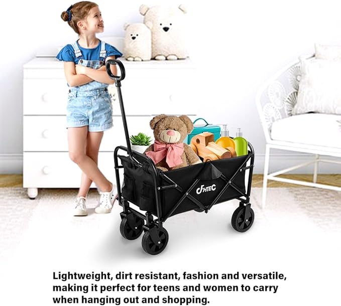 Collapsible Wagon Cart Black Foldable Utility Cart for Shopping, Camping, Sports and Garden, 100lbs Mini Home Folding Wagon Cart