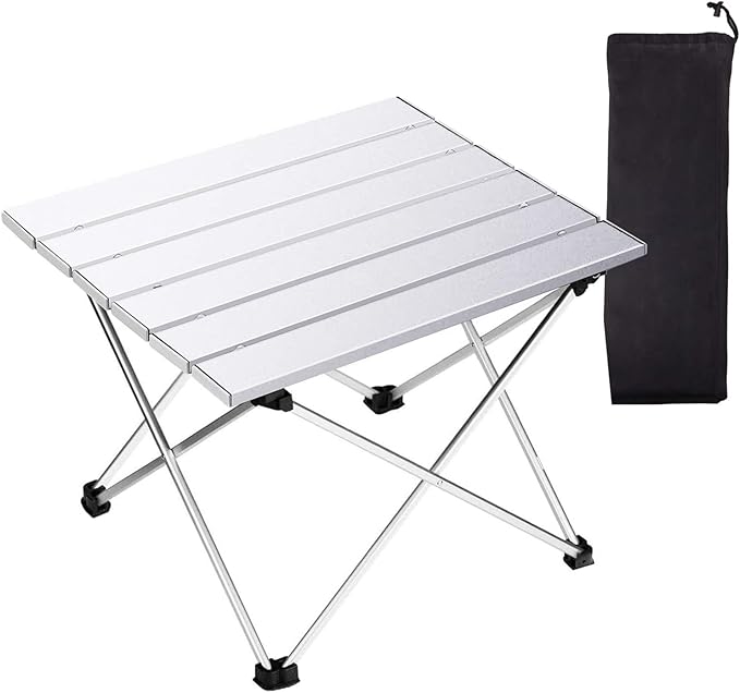 Tesouro Portable Camping Table,Folding Side Table Aluminum Top for Outdoor Cooking, Hiking, Travel, Picnic (Large, Sliver)
