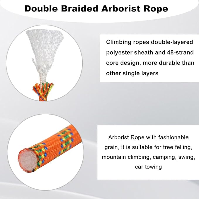 Double Braided Arborist Rope -1/2 Inch x 50 Feet Polyester Rope - High Strength Climbing Rope for Tree Work, Halyard, Sailing (Orange)