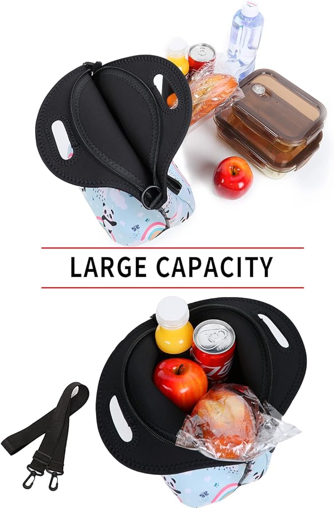 Violet Mist Neoprene Lunch Bag Reusable Insulated Lunch Box with Adjustable Shoulder Strap&Pocket for Women,Men,Adults,Cute Cartoon Panda Snack Bags Anime Animal Work Picnic Travel Tote Food Handbags