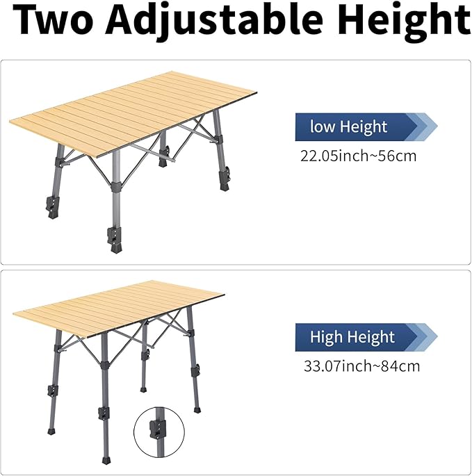 Portable Camping Table with Adjustable Legs, Picnic Table Lightweight Aluminum Roll-up beach tables for sand foldable, Folding Table with Large Storage Basket for Outdoor camping, BBQ and party
