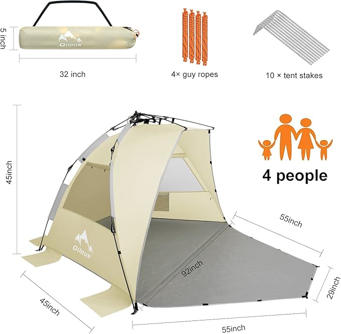 Oileus X-Large 4 Person Beach Tent Sun Shelter - Portable Sun Shade Instant Tent for Beach with Carrying Bag, Stakes, 6 Sand Pockets, Anti UV for Fishing Hiking Camping, Waterproof Windproof, Khaki