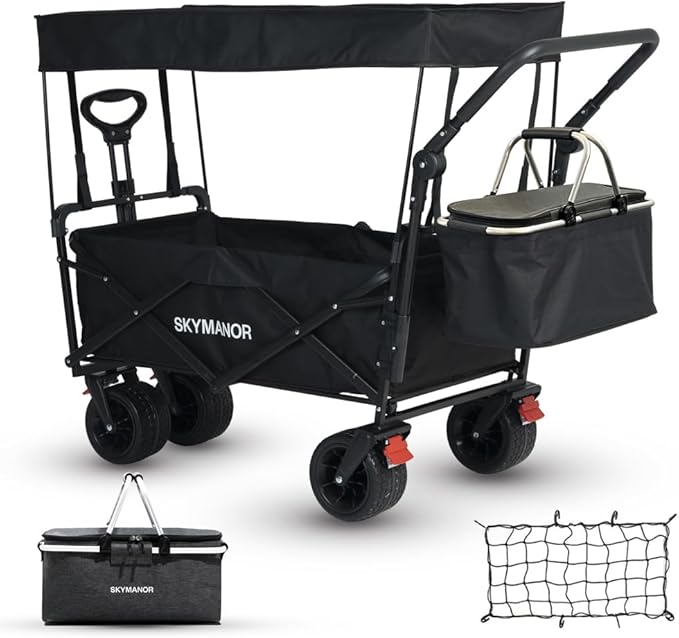 Collapsible Wagon with Removable Canopy, 3-in-1 Heavy Duty Garden Cart with Big All-Terrain Wheels, Brakes, Adjustable Push Pull Handle, Cooler Bag, 300LBS Wagon Cart for Camping (Black)