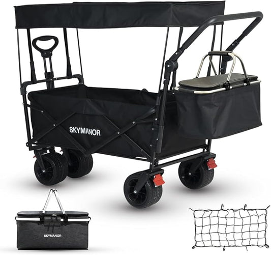 Collapsible Wagon with Removable Canopy, 3-in-1 Heavy Duty Garden Cart with Big All-Terrain Wheels, Brakes, Adjustable Push Pull Handle, Cooler Bag, 300LBS Wagon Cart for Camping (Black)