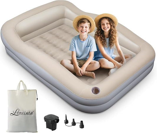 Inflatable Toddler Travel Bed – Portable Toddler Bed with Safety Bumpers, Toddler Floor Bed for Travel, Camping, Sleepovers – Kids Blow Up Bed with Pump & Carry Bag