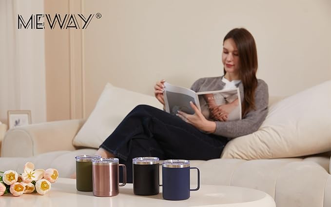 MEWAY 12oz Coffee Mug With Handle 4 Pack Bulk,Stainless Steel Insulated Travel Tumblers With Sliding Lid,Double Wall Vacuum Camping Cup for Hot & Cold Drinks Tea (Sliver,Set of 4)