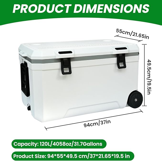 34-127 Quart Insulated Portable Cooler with Heavy Duty Wheels Keeps Ice for up to 5 Days, Great for Drink, Beach, Camping, Tailgating, Sports, & More