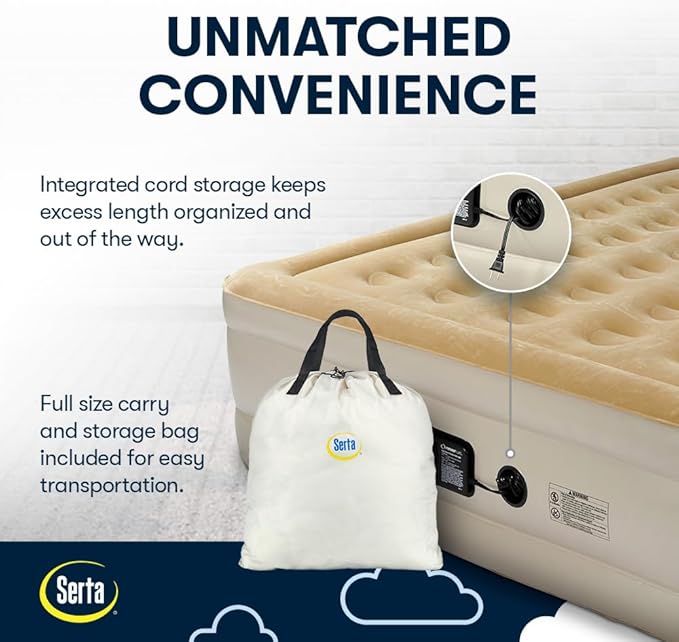 Serta Raised Air Mattress with Never Flat Pump | Luxury Inflatable Mattress with Built in Air Pump to Ensure a Good Night’s Rest | Heavy Duty Blow Up Mattress with Self Inflating Pump