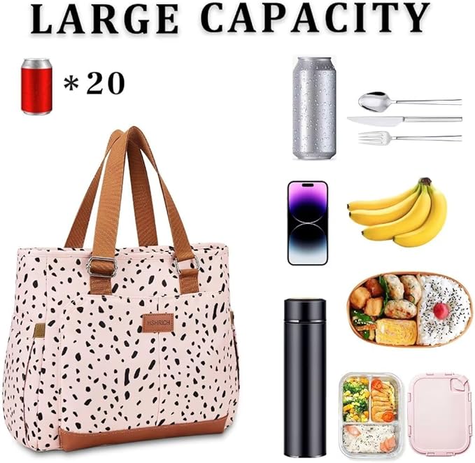 Large Women Lunch Bags for Work/Insulated Adult Lunch Box for Women/Leakproof Cooler Lunch Tote Bag with Storage Pocket. Reusable Lunch Cooler Purse for Work Picnic Hiking 14L, Pink Leopard