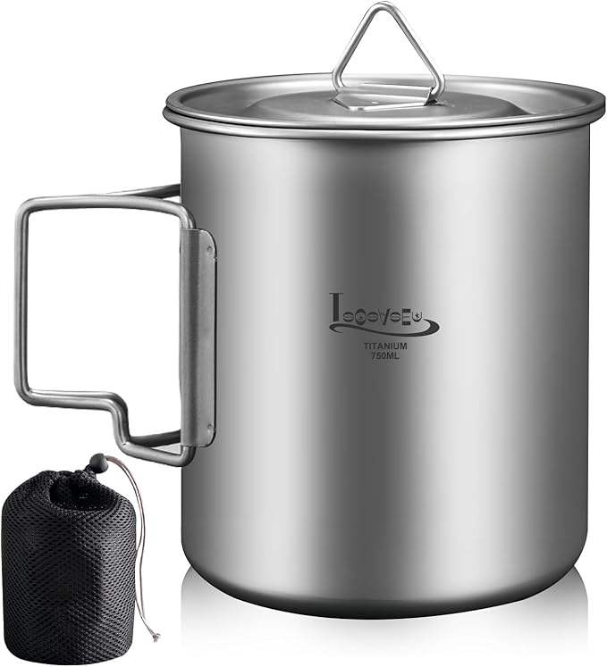 Titanium Pot with Lid, Lightweight Camping Pot with Foldable Handles, Portable Titanium Cooking Pot, Backpacking Pot Titanium Cookware with Carry Bag