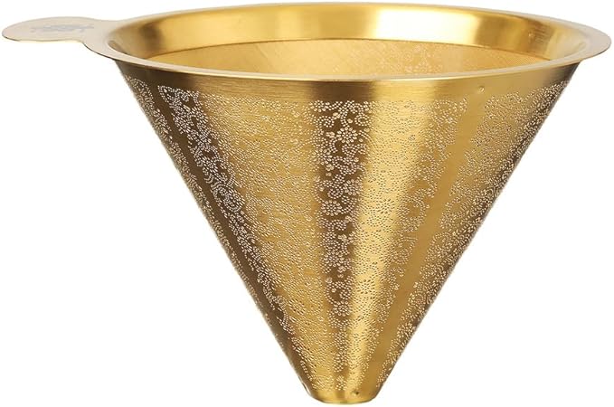 ATHIA Golden Reusable Stainless Steel Pour Over Coffee Dripper, Laser Etched Double Mesh Cone Filter, Paperless, Eco-friendly, Fits Hario, Chemex, carafes & most coffee makers (Golden, Cone Shape)