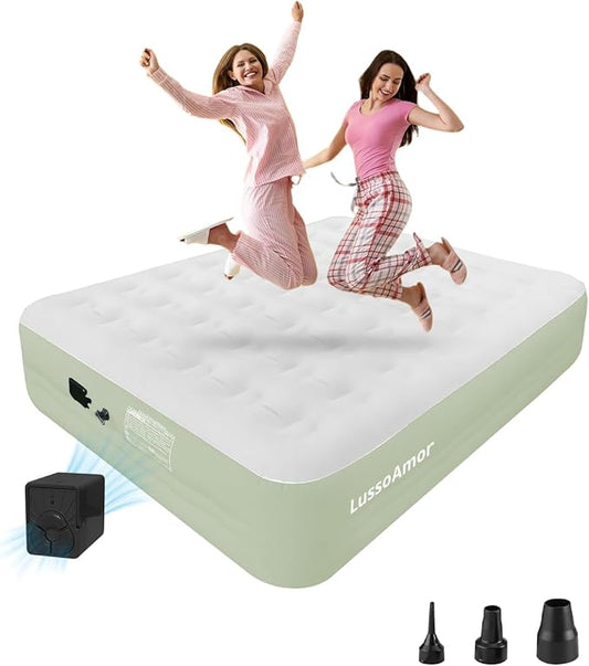 Queen Air Mattress with Built-in Pump | 3-Min Fast Inflation & 600lbs Support | 18" Dutch Velvet Top for Camping, Guest Bed | Portable Inflatable Mattress (Green