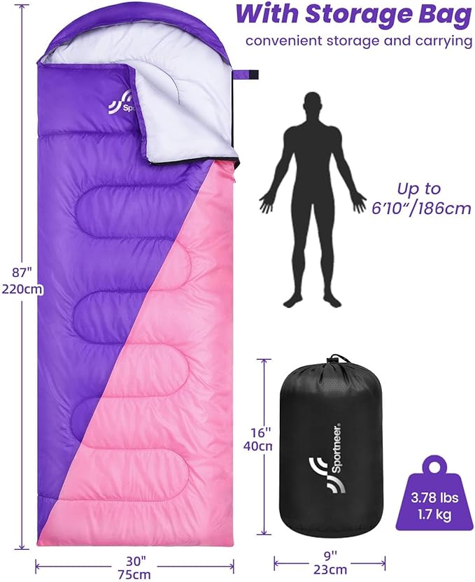 Sportneer Sleeping Bags for Adults, Warm & Cold Weather Sleeping Bag for Adults Kids Boys Girls - Lightweight Compact Camping Gear Equipment, Traveling, Backpacking, Hiking