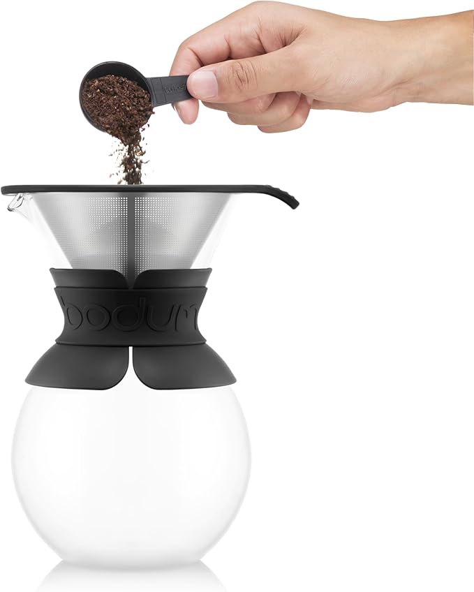 Bodum 34oz Pour Over Coffee Maker, High-Heat Borosilicate Glass with Reusable Stainless Steel Filter and Black Band Grip - Made in Portugal