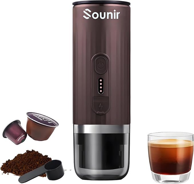 Portable Espresso Machine & Coffee Maker for Camping, Travel, Office - Self-Heating, USB-C Charger, Compatible NS Capsule & Ground Coffee (Coffee Brown)