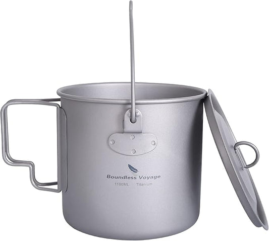 iBasingo 1100ml Titanium Mug Camping Cup Tea Coffee Water Pot with Lid Ultralight Outdoor Travel Tableware with Foldable Handle Picnic Backpacking Trekking Portable Drinkware Survival Gear Ti3041D