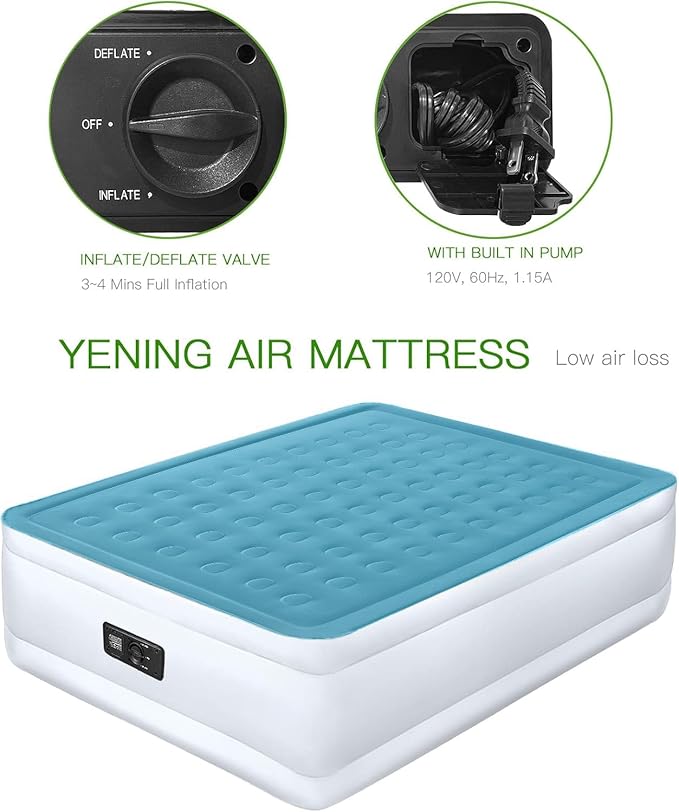 YENING Full Size Air Mattress with Built in Pump Raised Double Blow up Bed Inflatable Camping Airbed Electric 18 Inch Tall Blue