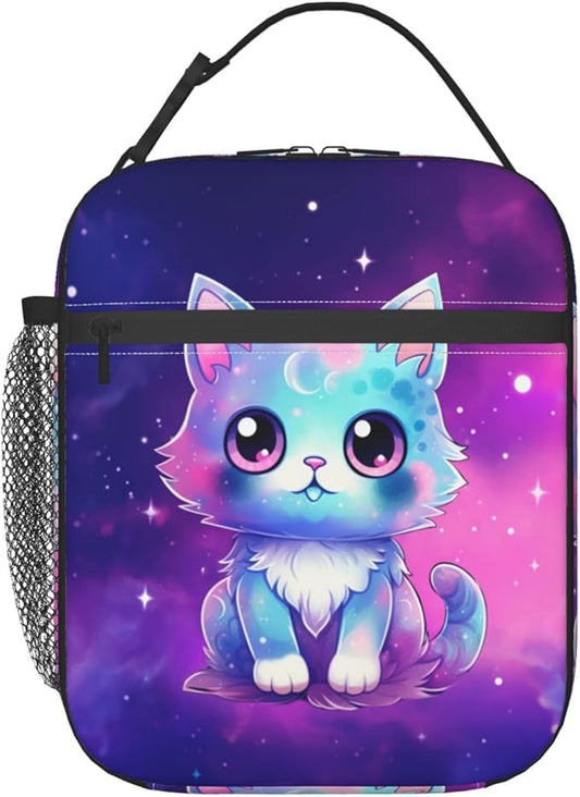 Galaxy Cute Cat Printed Insulated Lunch Box Portable Purple Lunch Bag with Detachable Handle,Reusable Lunchbox for Girls Boys Adults