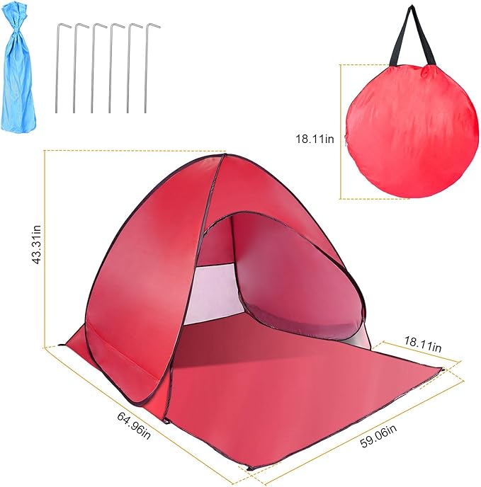 Pop Up Beach Tent for 2-3 Person, UPF50+ Anti-UV Sun Shelter w/Storage Bag, Portable Waterproof Instant Sun Shade Canopy for Outdoor Beach Camping Hiking Travel Family, Red