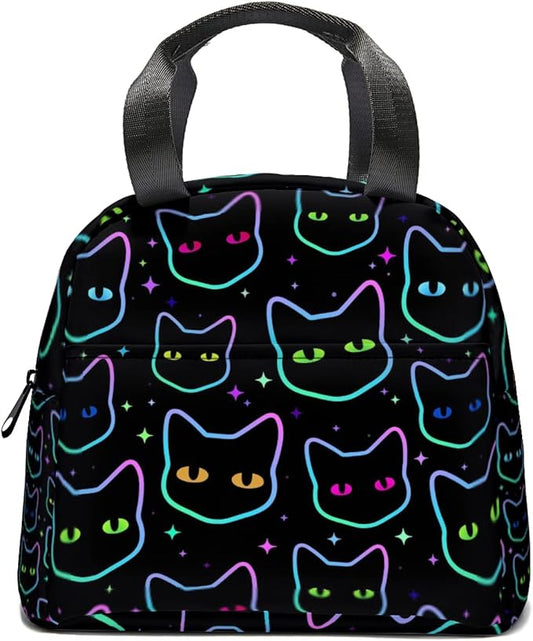 Giwawa Cartoon Black Cats Insulated Lunch Bag for Kids Galaxy Neon Kitten Reusable Lunch Box Colorful Animal Print Thermal Cooler Lunch Tote for Girls Boys School Men Women Office Picnic Camping