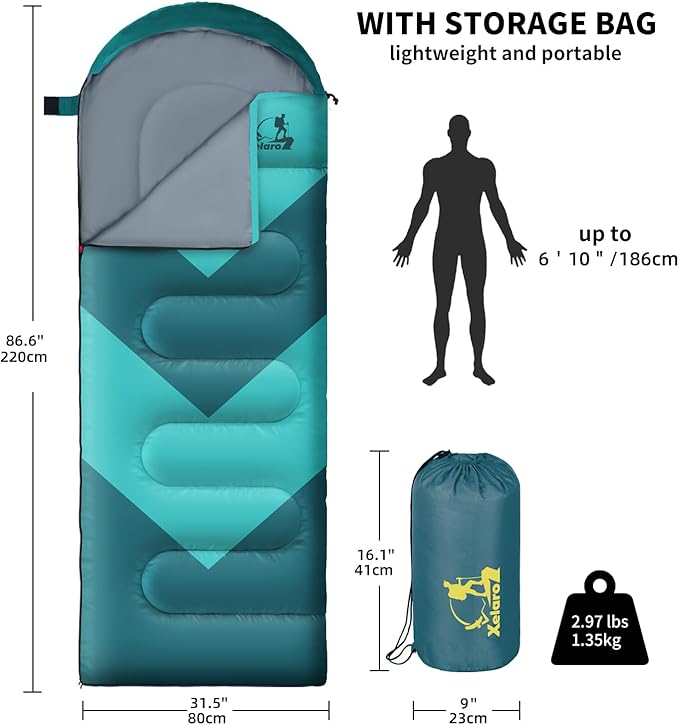 Sleeping Bag for Adults, Girls, Boys - 3 Season Warm & Cool Weather Lightweight Waterproof Camping Bag for Hiking, Outdoor Travel