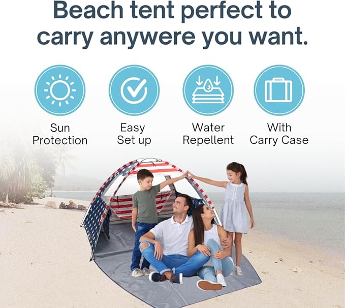 American Flag Portable Beach Tent Anti UV for 3-4 Person – Premium Beach Tent Sun Shelter with 3 Large Mesh Windows – Shade Tent for Camping Essentials - Beach Essentials for Women & Men (Easy Set up)