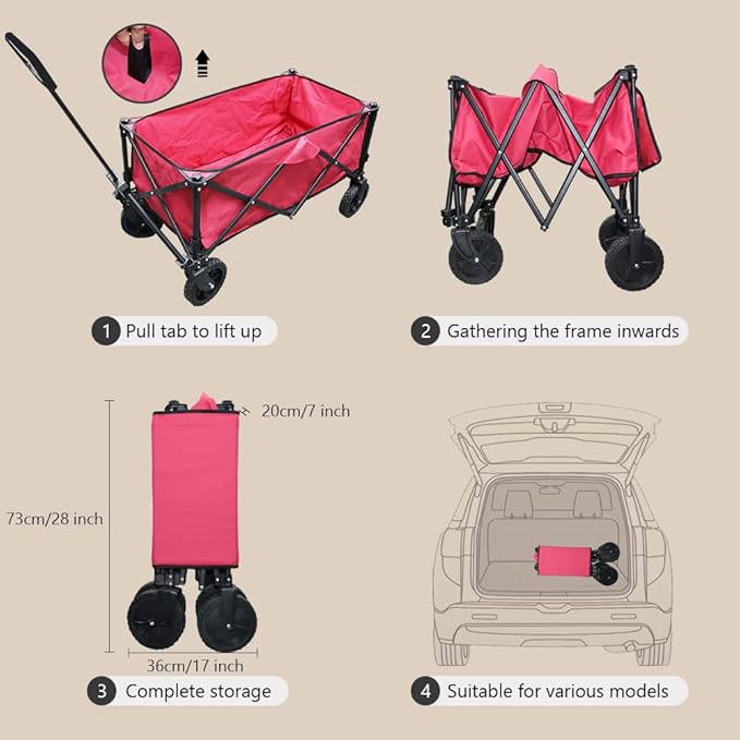 Folding Portable Large Sturdy Picnic Wagon Carts, Utility Grocery Shopping Cart, Garden FarmTransport Cart, 360° Swivel Wheels & Brakers, Red