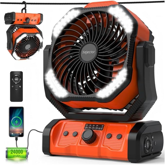 kejector Portable Camping Fan Rechargeable - 24000mAh 3-in-1 Battery Powered Fan with LED Lights, USB C, Auto Oscillating Portable Fan for Tents, Travel, BBQ, Fishing, Home, Office, Camper Essentials