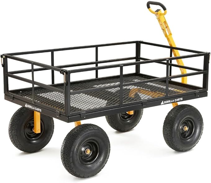Gorilla Carts GOR1400-COM Steel Utility Garden Cart, Heavy-Duty Convertible 2-in-1 Handle and Removable Sides, 12 cu ft, 1400 lb Capacity, Black