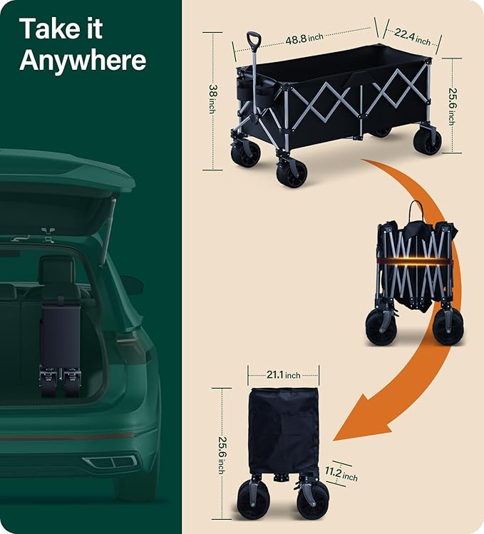 440Lbs Collapsible Wagon Cart,Beach Wagon with Big Wheels,Utility Wagons with Weight Capacity,Heavy Duty with Excellent Steering,Ideal for Camping,Gargen,Transport,Outdoor Sports