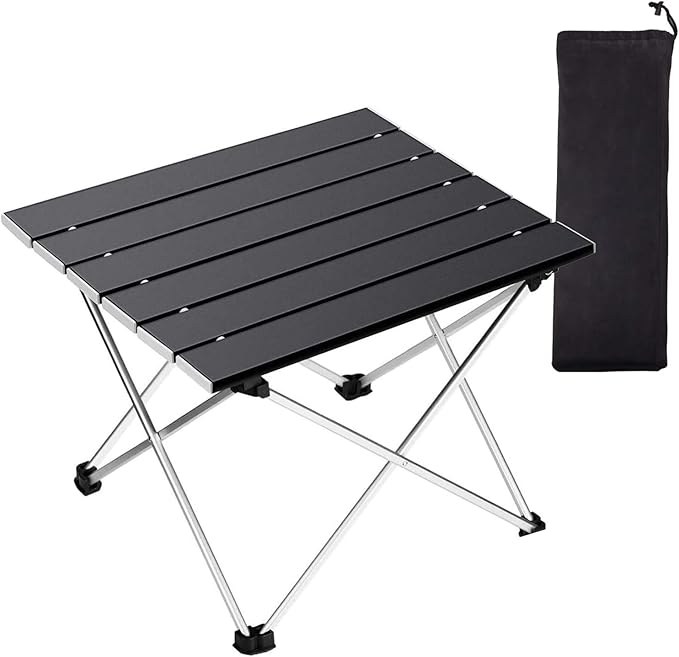 Tesouro Portable Camping Table,Folding Side Table Aluminum Top for Outdoor Cooking, Hiking, Travel, Picnic(Large, Black)