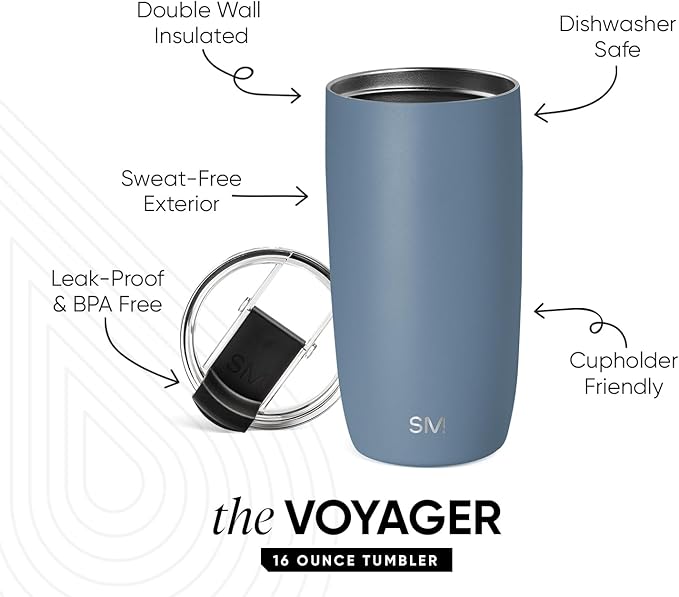 Simple Modern Travel Coffee Mug Tumbler with Flip Lid | Reusable Insulated Stainless Steel Cold Brew Iced Coffee Cup Thermos | Gifts for Women Men Him Her | Voyager Collection | 16oz | Blue Dune