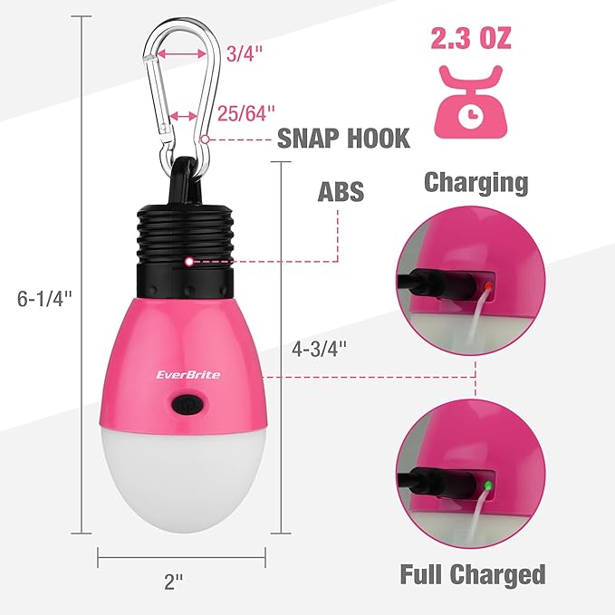 EverBrite Rechargeable Camping Light,Portable Tent Lantern,3 Lighting Modes, Hanging Tent Light Bulbs with Clip Hook for Hiking, Fishing, Backpacking, Emergency and More-Pink