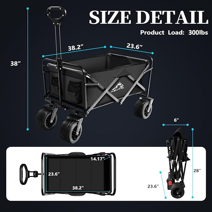 Collapsible Folding Wagon, Capacity 300lbs Heavy Duty Foldable Cart with Two Drink Holders, Portable Utility Grocery Wagon for Camping Shopping Sports, Black