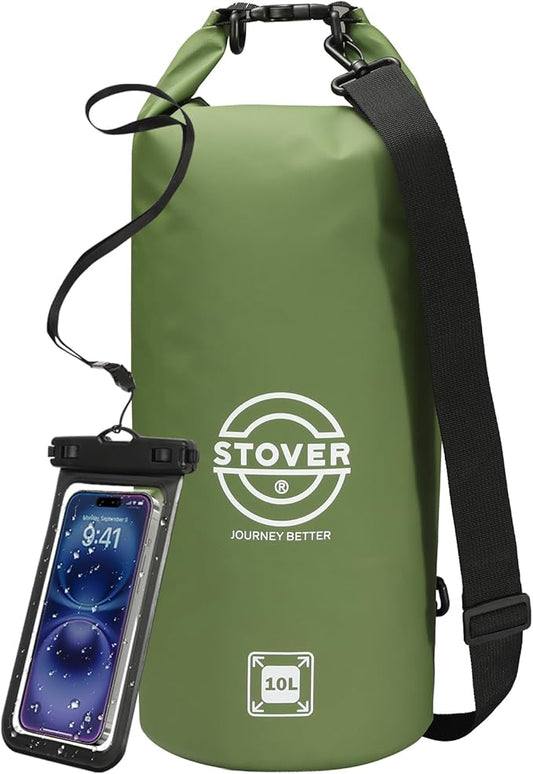 STOVER 5/10/25/30/40/55L Waterproof Dry Bag, Small Lightweight Roll Top Dry Bag Backpack w/Waterproof Phone Case, Kayaking, Travel, Hiking, Fishing, Tubing, Camping, the Beach, Men/Women (Green)