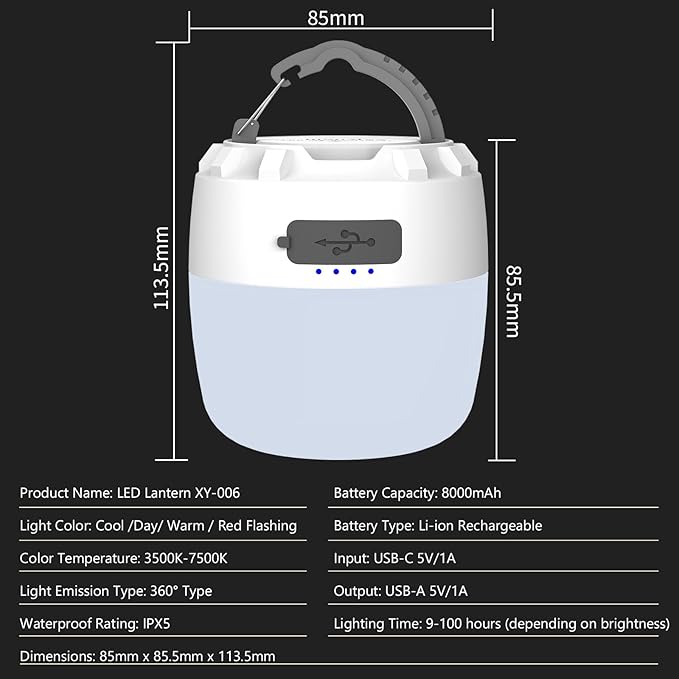 LED Camping Lantern Rechargeable, 8000mAh Battery, 4 Light Modes, Dimmable, Waterproof, 16H Runtime, Memory Function, Emergency Light for Power Outages, Hurricane, Camping, Hiking, Home Use