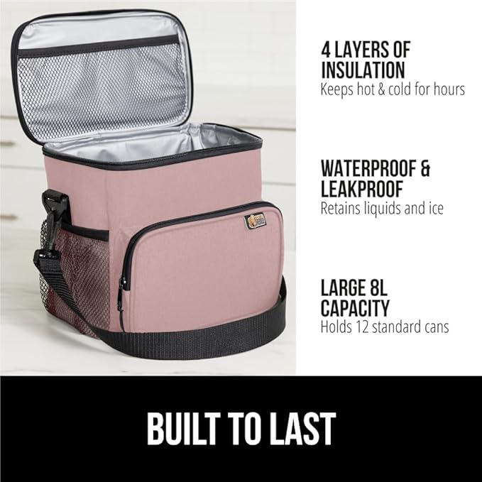 GORILLA GRIP Reusable Insulated Lunch Box Bag for Women Men, Large Leakproof Soft Cooler Bags, Multiple Compartments, Mesh Pockets, Adjustable Strap, Food Tote Keeps Drinks Cold, 8L, 10x9, Pink