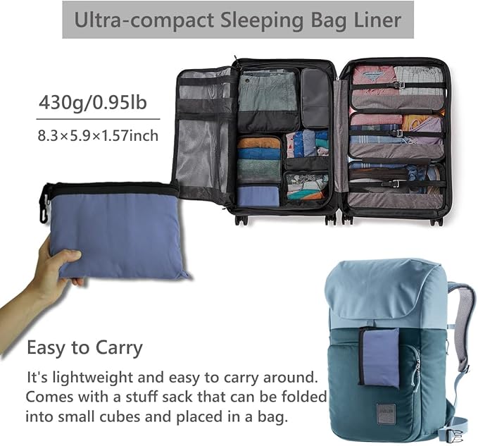 Lightweight Sleeping Bag Liner Camping Travel Sheets Ultralight Sleeping Bag Sack for Backpacking Hiking Hotel Hostels and Traveling, Stuff Sack Included