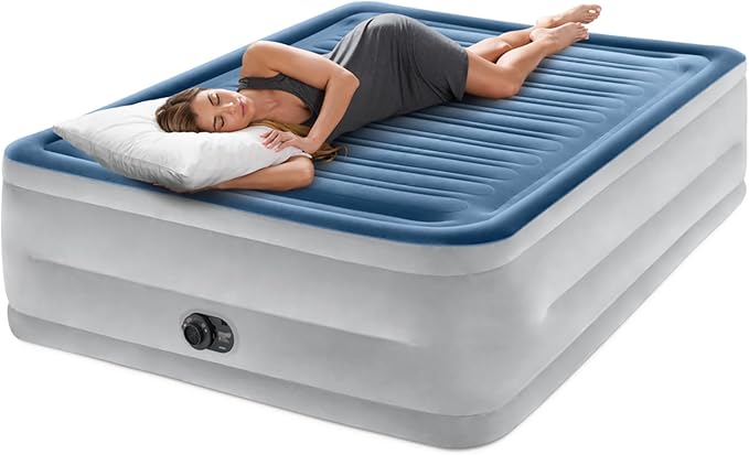Intex: Dura-Beam Deluxe Comfort-Plush Air Mattress - 22" Queen Blue - Built-in Electric Pump, Durable Fiber-Tech, Carry Bag Included, 600lb Capacity