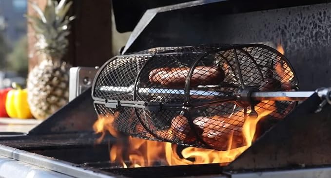 only fire Universal Rotisserie Basket Grill Accessory, Teflon Rotisserie Grill French Fries Basket Fits for Any Gas Grill or Other Ceramic Grills