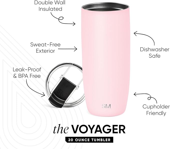 Simple Modern Travel Coffee Mug Tumbler with Flip Lid | Reusable Insulated Stainless Steel Cold Brew Iced Coffee Cup Thermos | Gifts for Women Men Him Her | Voyager Collection | 20oz | Blush