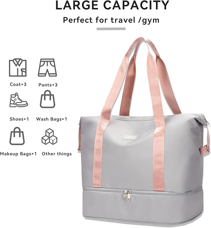 Large Travel Duffel Bag with Shoe Compartment, Gym Tote Carry on Bags for women, Lightweight Duffel Bags with Trolley Sleeve fit for Travel and Sport(Grey)