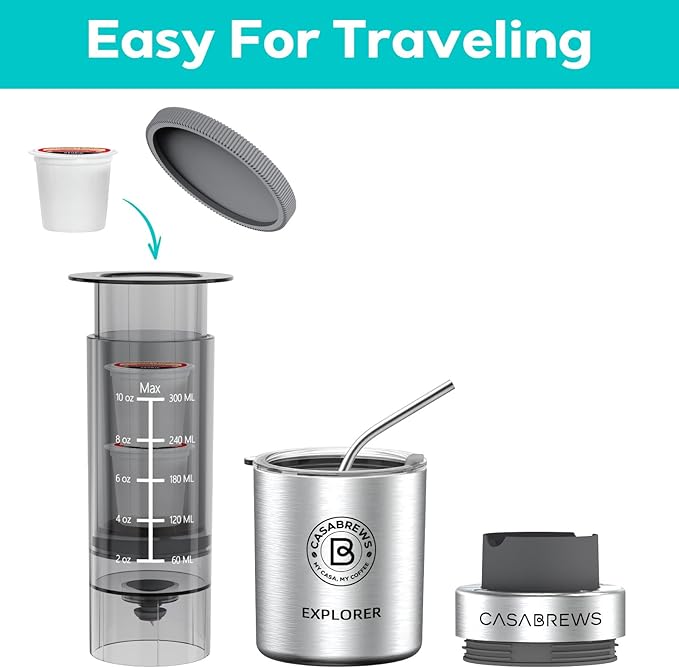 CASABREWS KP3000 Portable Coffee Maker, 2 in 1 Small Travel Coffee Machine for K Cup Pod or Ground Coffee, Quick Coffee Press Kit with Stainless Steel Cup, Cup Lid, Straw and Storage Bag