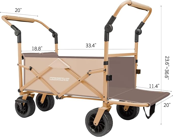 Whitsunday Collapsible Folding Beach Wagon Cart, Double Push Bar Wagon with Tailgate, 360° Rotating Wheels Heavy Duty Utility Camping Grocery Wagon with Wheels Khaki