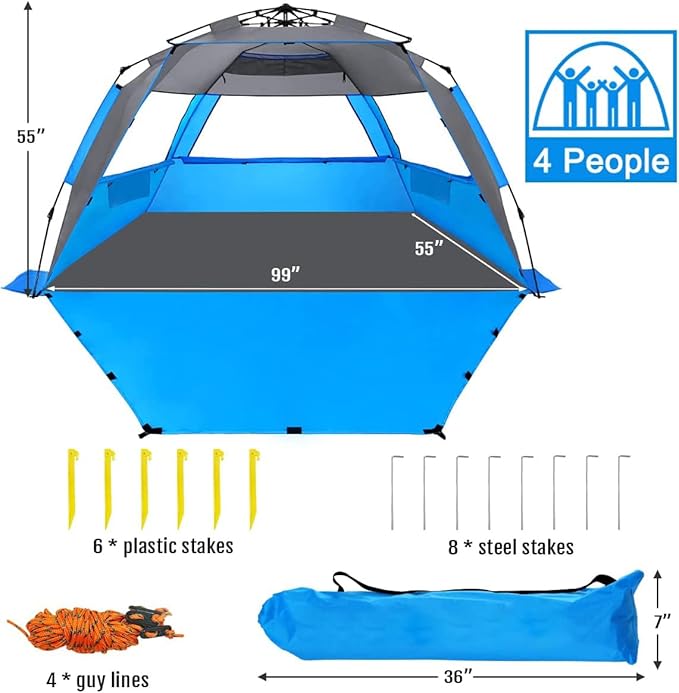 WhiteFang Deluxe Pop Up Beach Tent Sun Shade Shelter for 3-4/5-6 Person, UV Protection, Extendable Floor with 3 Ventilating Windows Plus Carrying Bag, Stakes, and Guy Lines