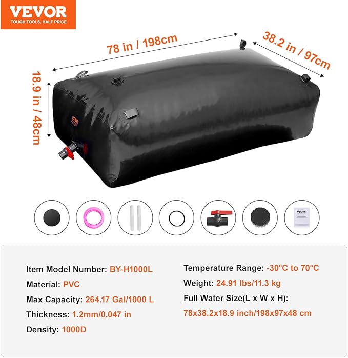 VEVOR 1000L/264 Gallon Water Storage Bladder, RV Water Tank, 1000D PVC Collapsible Water Storage Containers, Large Capacity Soft Water Bag, Portable Water Bladder,Camping,Emergency Water Supply