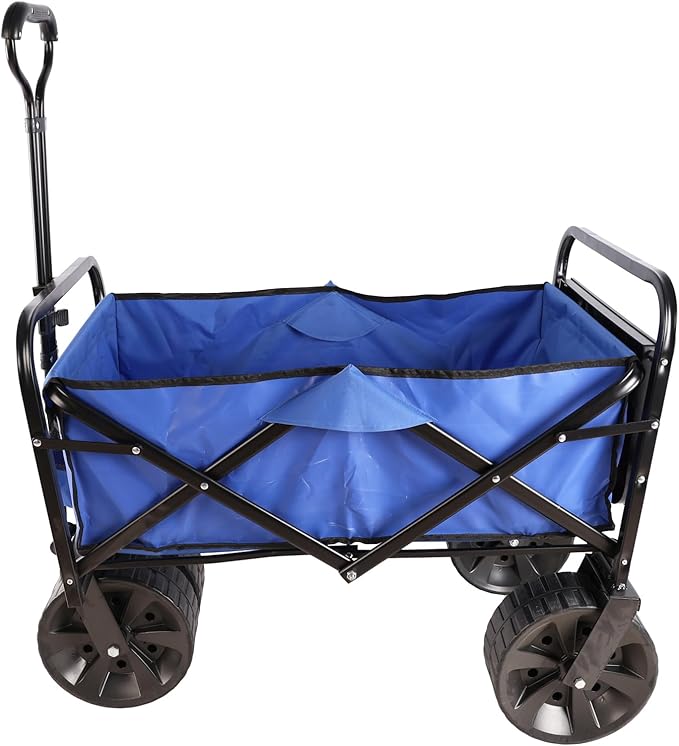 Collapsible Folding Wagon Garden Shopping Beach Cart,Heavy Duty Utility Buggy with Big Wheels,Adjustable Handle and Cup Holder,for Sand,Camping,Outdoor,40.55",Blue