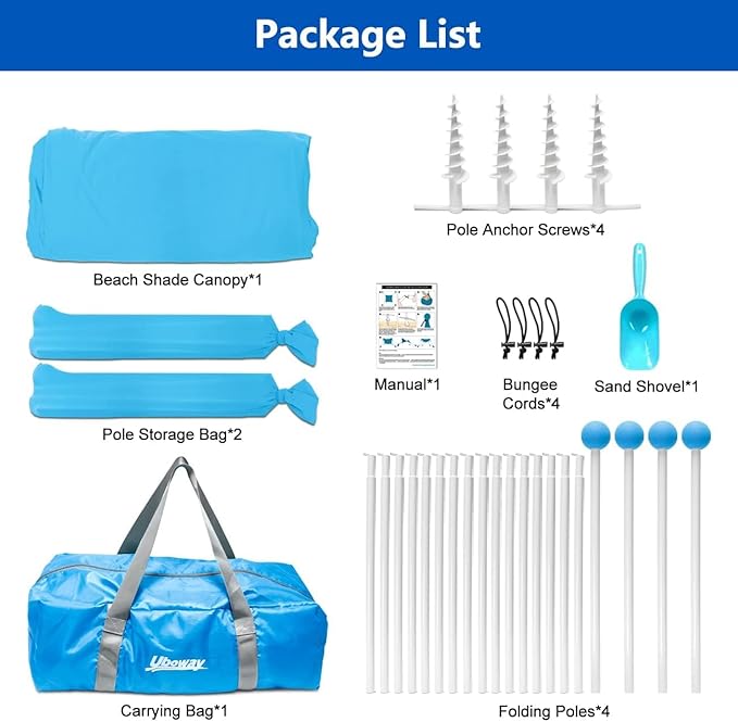 Beach Tent UPF50+ With 8 Sandbags, Camping Essentials for 6-12 Persons, Shade Canopy With Stability Poles and Big Ground Pegs, Pop Up Canopy for Picnics, 12X12FT Blue
